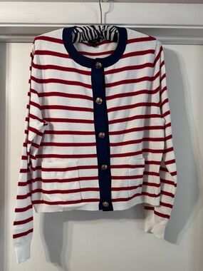 Express Red & White Striped Cardigan with Navy Trim